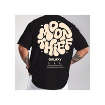 Caddemia Moda Rahat Gevşek Artı Boyutu Aylar Galaxy Mektup Desen Baskılı Yuvarlak Yak Siyah 2XL