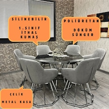 Royal Mutfak Yemek Masası Takımı 4 Kişilik Yuvarlak Mutfak Masası Takımı Mutfak Masa Sandalye Takımı Siyah Mermer Desen Gümüş