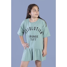 Toontoy Kız Çocuk Baskılı Eteği Büzgülü Düşük Kol Elbise Yeşil