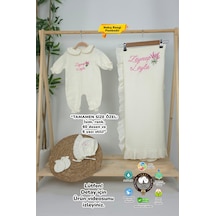 Gros Shop Müslin Yeni Doğan 4katlı Organik %100pamuk Kişiye Özgü Nakışlı Hastane Çıkış Seti Lavanta Model-2 Ekru