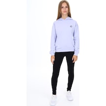 Toontoy Kids Toontoy Kız Çocuk 2'li Takım Baskılı Kapüşonlu Düşük Omuz Sweatshirt & Basic Düz Tayt Açık Lila