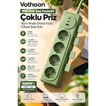Vothoon 4 Lü Akıllı Priz Tek Dokunuşla Fiş Çıkarma 2 Metre Kablo 2 Type-c + Usb 15w Hızlı Şarj 3680w 2 M