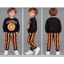 Erkek Çocuk 3 İplik Şardonlu Siyah Sweatshirt Ve Turuncu Çizgili Eşofman Takımı 2 Parça 0910-s