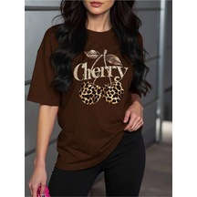 Uyguntarz Unisex Leopar Desenlı Vişne Baskılı Tasarım Tshirt Kahverengi