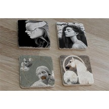 Tasarım Heykel At Ve Kadın Portreler Doğal Taş Bardak Altlığı 4'lü Set - Natural Stone Coasters - Taş Siyah