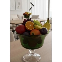 Renkli Büyük Ayaklı Meyve Kasesi, 27 Cm Çap, 25 Cm Yükseklik, Yeşil, Cam Diğer