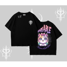 Tarzsokak Adorable Kawaii Kedi Arka Baskılı Oversize Tshirt Siyah