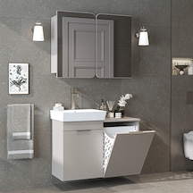 Dubai Sepetli Mdflam Banyo Dolabı, Lavabolu Banyo Alt Dolabı + Aynalı Banyo Üst Dolabı Takımı Kumtaşı