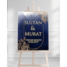 Söz Nişan Düğün İçin 50x70 Karşılama Panosu - Mavi Ve Altın Çiçek Tasarımlı Beyaz