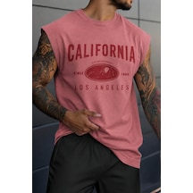 Cool Tarz Erkek Oversize Kolsuz Tişört %100 Pamuk California Baskılı Bisiklet Yaka Atlet Pudra Pudra