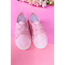 Çift Cırtlı Dantelli Keten Spor Çocuk Ayakkabısı-pembe-f-4005 Pembe