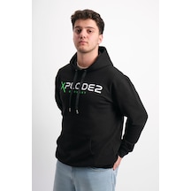 We&me Oversize Geniş Kalıp Baskılı Kapüşonlu Erkek Sweatshirt Yeşil