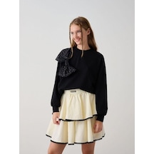 Kız Çocuk Taşlı Büyük Fiyonk Detaylı Sweatshirt-14782 Siyah