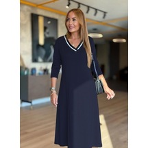 Mythrıva Kadın Uzun Kollu V Yakalı Midi Çağla Yeşili Modal Elbise Lacivert
