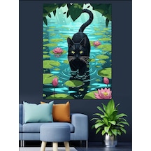 Ahşap Tablo Kara Kedi Göl Silüeti