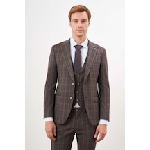 Morven Erkek Kahve Poliviskon Trend Yelekli Ekoseli Slim Fit Sivri Yaka Takım Elbise 24mc001130400 Kahve