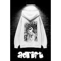 Startmore Unisex Oversize Kapüşonlu Kanguru Cepli Wasted Baskılı Sweatshirt Hoodie Beyaz Beyaz