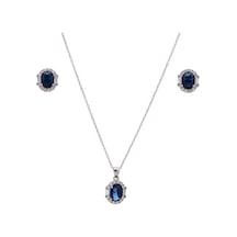 5-8 Mm Lacivert Oval Zirkon Taşlı 925 Ayar Gümüş Kadın 2'li Set Gümüş