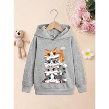 Kışlık Kapüşonlu Sweatshirt, Çocuk Kediciklerbaskılı Gri