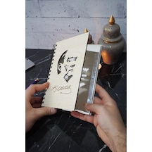 Mustafa Kemal Atatürk Ahşap Defter - A5 Spiralli - Günlük - Çizgisiz Defter Ahşap Rengi Banu