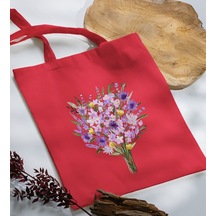 Bk Gift Çiçek Tasarımlı-9 Kırmızı Kumaş Bez Çanta, Baskılı Omuz Çantası, Alışveriş Çantası, Arkadaşa Hediye