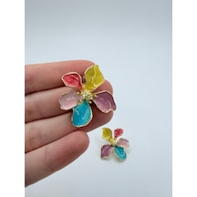 Renkli Çiçek Desenli Çelik Küpe Gold Detaylı Kadın Küpe 3,5 Cm Çok Renkli