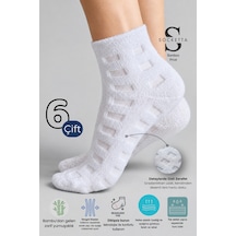 Socketta Kadın Yumuşak Dokulu Desenli Beyaz Bambu Havlu Patik Çorap 6 Lı Premium Beyaz