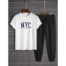 Uyguntarz Unisex Nyc Baskılı Tasarım Tshirt Eşofman Takımı Beyaz