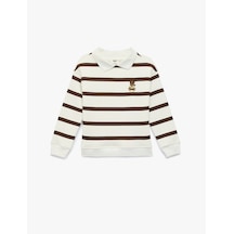 Koton Uzun Kollu Nakış Detaylı Oversize Polo Yaka Sweatshirt Kahverengi Çizgili 7wkg10149ak