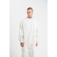Erkek 3 İplik Pamuklu Bisiklet Yaka Yıkamalı Sweatshirt - Beyaz