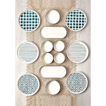Kitchen Life 14 Parça 6 Kişilik Neometric Stackable Kahvaltı Takımı -  Kahvaltılık  Sunum Tabağı Yeşil - Beyaz