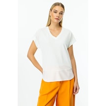 On Fashion V Yaka Kısa Kol Bluz Ekru