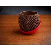 3d Baskı Küre Saksı - Kafes Dokulu İki Parçalı Dekoratif Saksı - Kahverengi-kırmızı