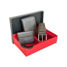 Premium Serisi Özel Kutulu Lüks Deri Dikey Fermuarlı Cüzdan Kemer Kartlık Ve Bileklik Erkek Seti Kahverengi