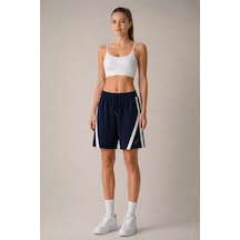 Soft&Basic Lacivert-beyaz Pamuklu Yumuşak Dokulu Şeritli Standart Fit Beli Lastikli Kadın Şort