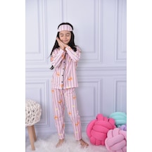 Yeni Sezon Kız Çocuk Çizgili Sevimli Teddy Bear Çizgili Düğmeli Pijama Takımı Göz Bandı Dahil