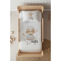%100 Pamuk Saten İsme Özel İsimli 100x200 Tek Kişilik Lastikli Çarşaf Seti Kuzucuk Beyaz