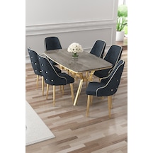 Canisa Asel Serisi 90x160 Lak Panel Antrasit İroni Gold Kaplama Ayaklı Masa Takımı Ve 6 Antrasit Sandalye Antrasit İroni Masa Antrasit Sandalye Ayaklar Gold