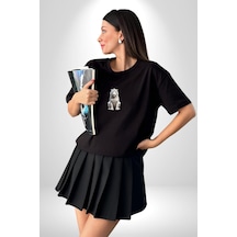Beyaz Kaplan Siyah Oversize Unisex Ön Orta Minimal Baskılı Tişört Siyah
