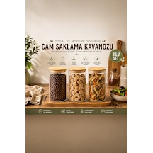 Porsima 2-3 Bambu Vakumlu Kapaklı Yuvarlak Borosilikat Cam 3lü Kavanoz Seti Saklama Kabı 1300ml 10x20cm