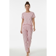Kompedan Kadın Bisiklet Yaka Yumuşak Dokulu Çiçek Desenli Kısa Kol Pijama Takım Pembe 70132-267