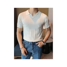 Cool Tarz Erkek Beyaz Çizgili Kısa Kollu Triko T-shirt Beyaz Beyaz
