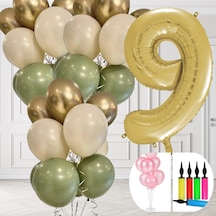 9 Yaş Balon Standlı Ve Pompalı Retro Küf Yeşili Krom Gold Kum Beji Balon Seti Gold Rakam Süsleme Çok Renkli