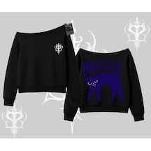Cat Mom Yazılı Minimal Kedi Arka Baskılı Kayık Yaka Sweatshirt Siyah