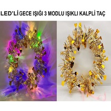 Kalp Püsküllü Gece Parıltısı 3 Modlu Led39li Işıklı Taç Altın Renk