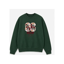 Herkesemoda Rakam Ve Çiçekler Baskı Detaylı Bisiklet Yaka Şardonlu 2 İplik Sweatshirt Yeşil