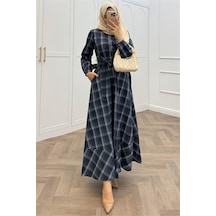 Neşeli Butik Kadın Ekose Desenli Düğme Detaylı Tesettür Elbise Nms076 Lacivert