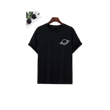 Unisex Saturn Baskılı Kısa Kol T-shirt SIYAH