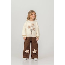 Harby Kids Çiçek Nakışlı Kız Pantolonlu İkili Takım 3-10 Yaş -103430 - Bej Bej