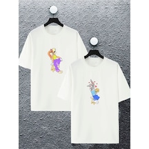 Unisex Kadın Erkek Bugs Bunny Ve Lola Baskılı Sevgili Çift Kombini Tasarım Oversize T-shirt 2'li St Beyaz Mck2103 Beyaz